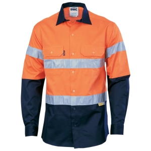 MENS TWO TONE DRILL LONG SLEEVE SHIRT WITH 3M REFLECTIVE TAPE 3836 ORANGE/NAVY