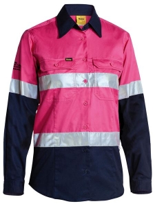 BISLEYLADIES LIGHTWEIGHT PINK/NVY DRILL SHIRT WITH R/TAPE 155gsm
